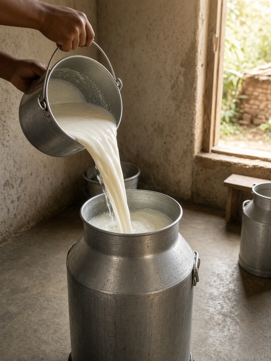 Morning milk poured on the farm